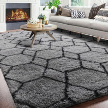 (160 x 230 cm, Grey & Black) Non Slip Large Rugs Soft Fluffy Shaggy Area Rug Living Room Bedroom Carpet Floor Mat