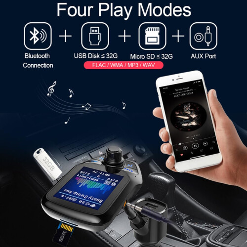 Bluetooth FM Transmitter - Color Screen, QC 3.0 Dual USB, TF & U Disk Support(Black) 2