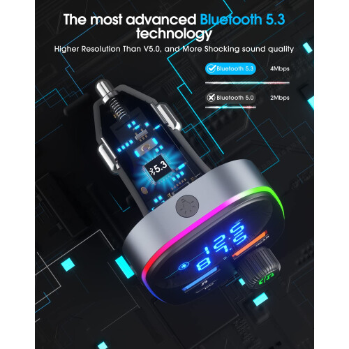 Bluetooth 5.3 FM Transmitter - PD 20W, QC 3.0, HD Display, Voice Assistant(Black) 2