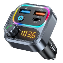 USB C Bluetooth adaptér pre FM vysielač do auta, handsfree, QC3.0 18 W, podsvietenie LED (čierne)