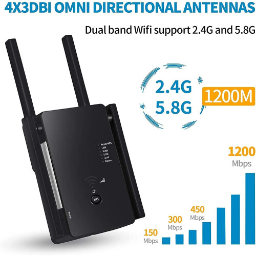 Dvojpásmový Wlan opakovač 1200 mbit/s, 4 antény (čierna) 2