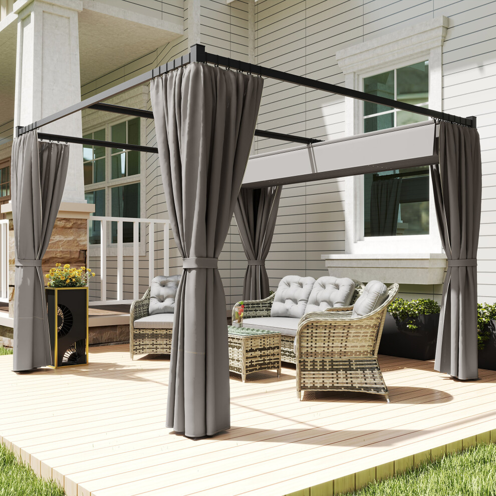 Outsunny 3 x 3(m) Pergola with Retractable Roof and Curtains, Light Grey