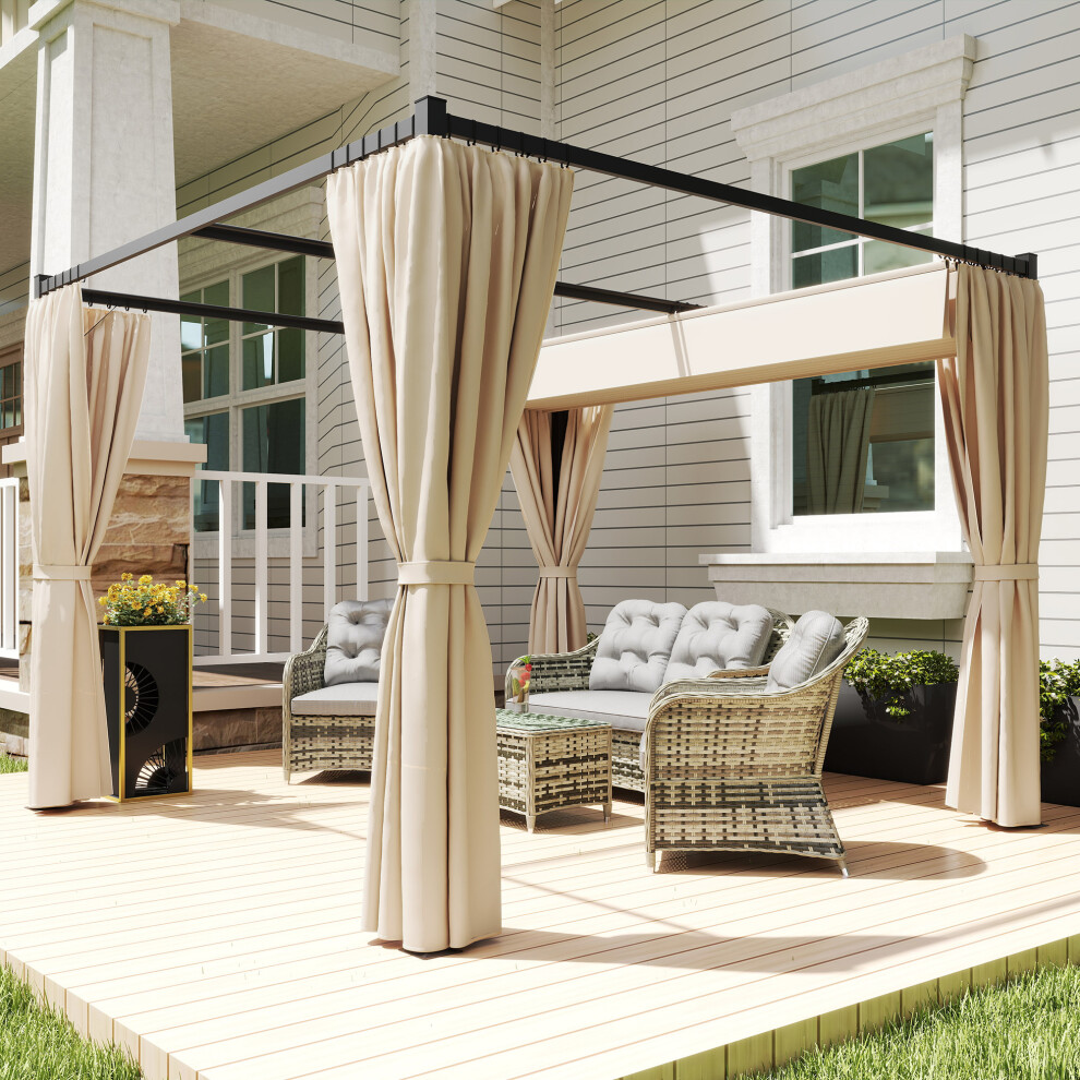 Outsunny 3 x 3(m) Pergola with Retractable Roof and Curtains, Beige
