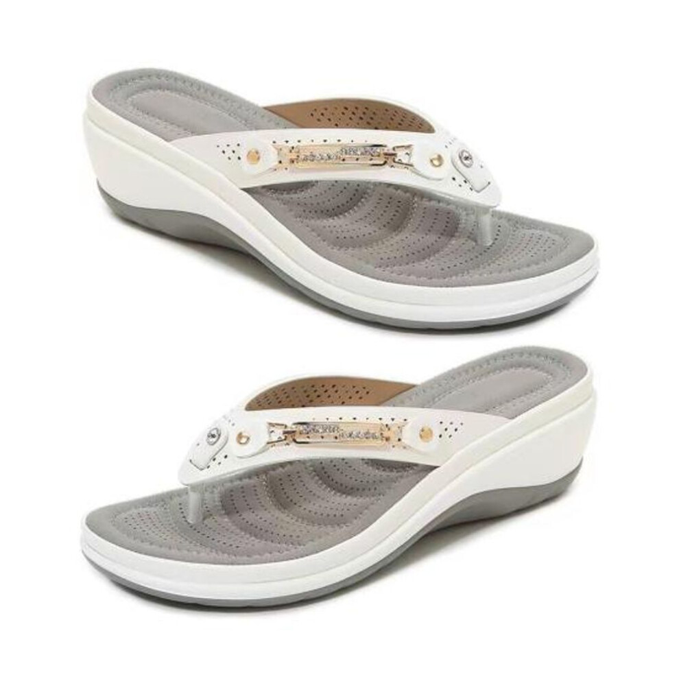 (white, 39) 1 Pair Open Toe Casual Slippers Rhinestone Metal Decor Trendy Women Summer Outdoor Flip Flops Slides Sandals