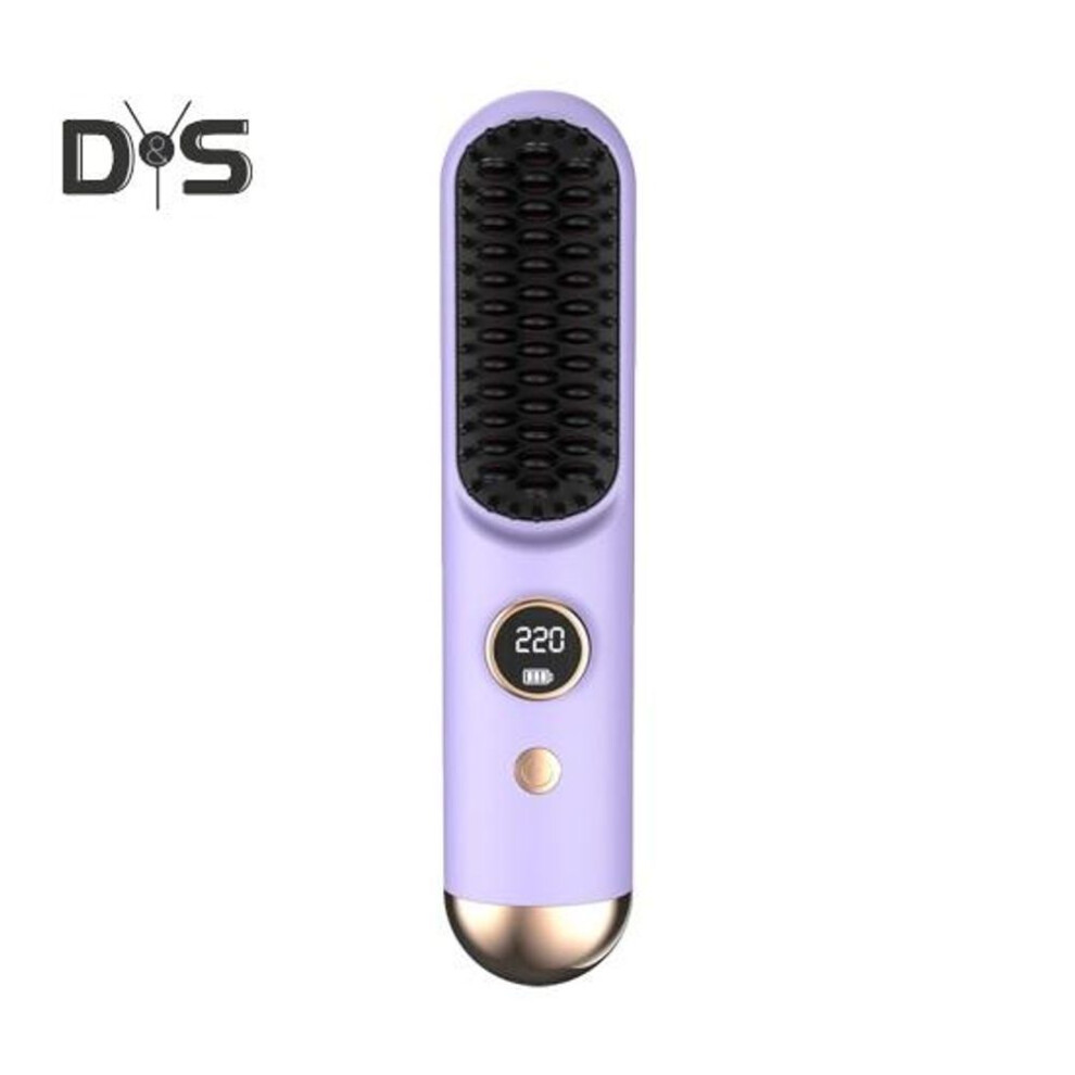 (purple) Hair Straightener Brush LCD Display 9 Temp Adjustable Fast Heating Rechargeable Cordless Negative Ions Hot Brush Electric Curly Hair Styling