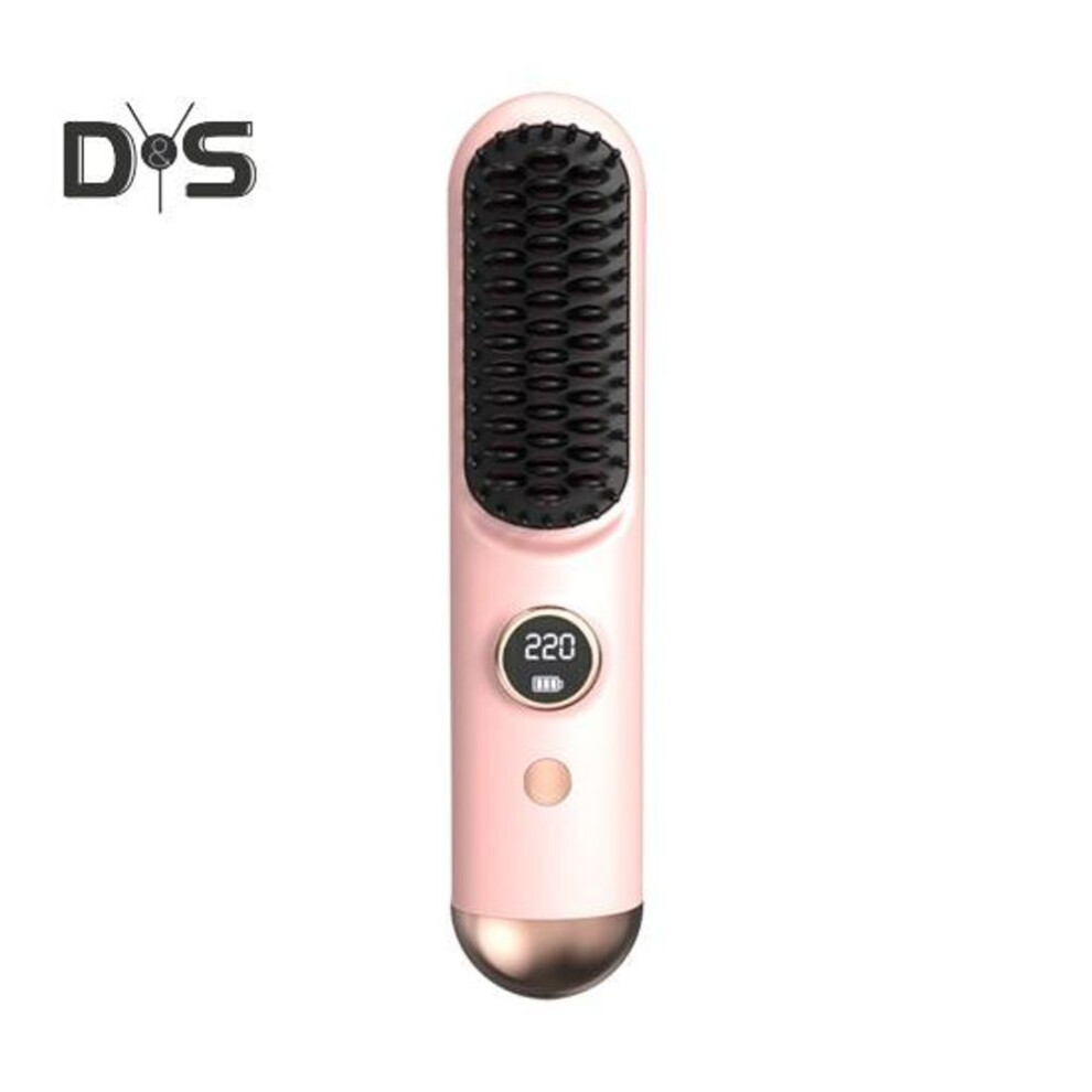 (pink) Hair Straightener Brush LCD Display 9 Temp Adjustable Fast Heating Rechargeable Cordless Negative Ions Hot Brush Electric Curly Hair Styling