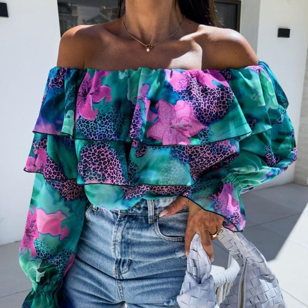 (L, green,pink) Women's Sexy Fashion One Shoulder Strapless Printed Shirt