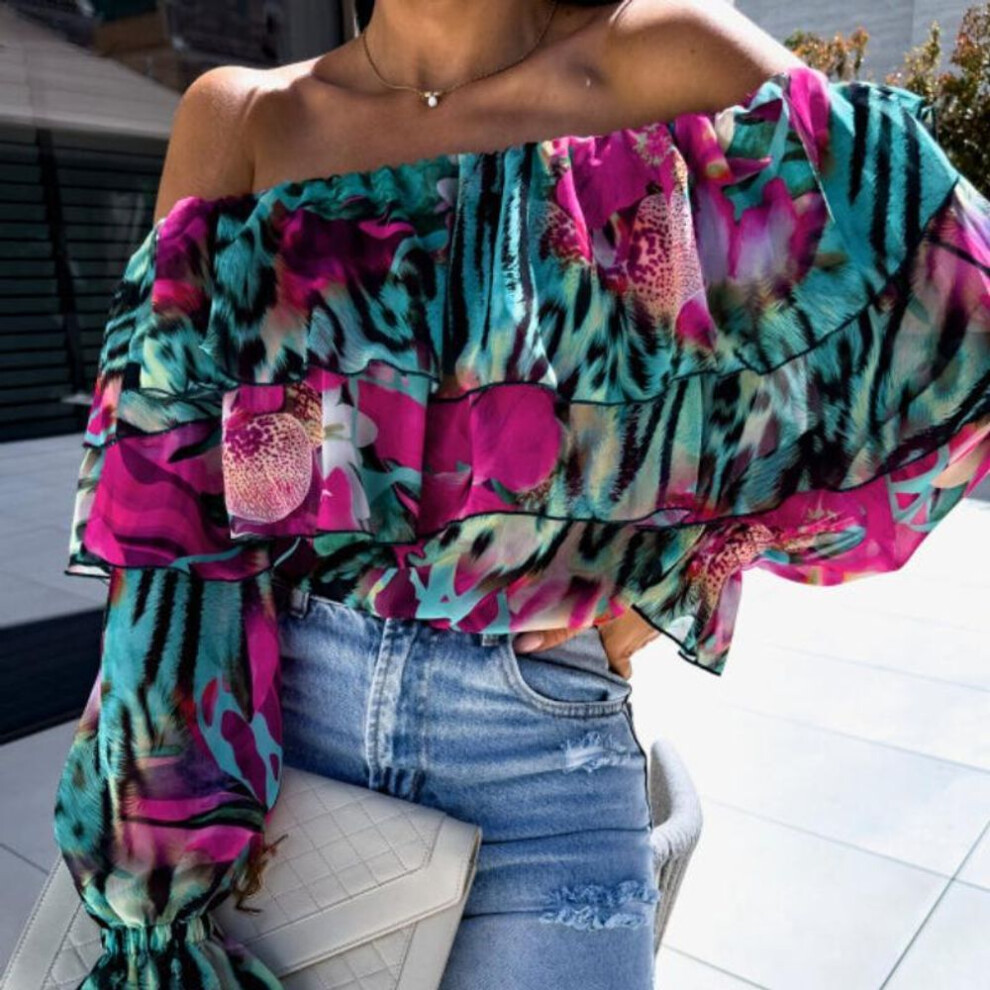 (L, blue,pink) Women's Sexy Fashion One Shoulder Strapless Printed Shirt
