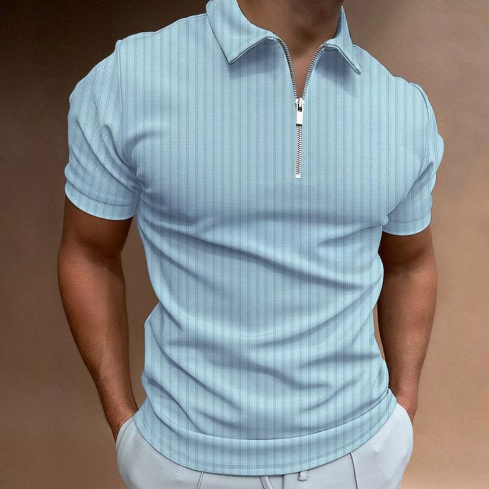 (light blue, XL) 2023 European & American Spring/Summer Men's Striped Zipper Lapel Polo Shirt, Short-Sleeved