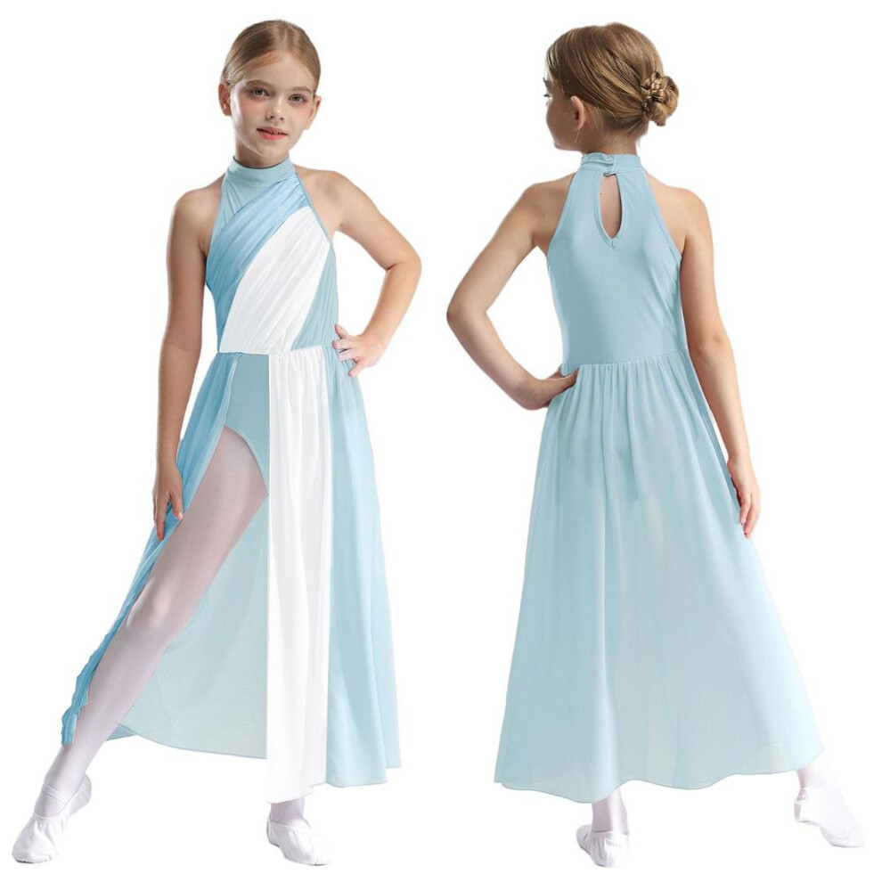 (light blue, 9-10 Years) Kids Girl Lyrical Modern Dance Dress Asymmetric Split Ballet Gymnastics Leotard Figure Ice Skating Dancewear Performance Dresses