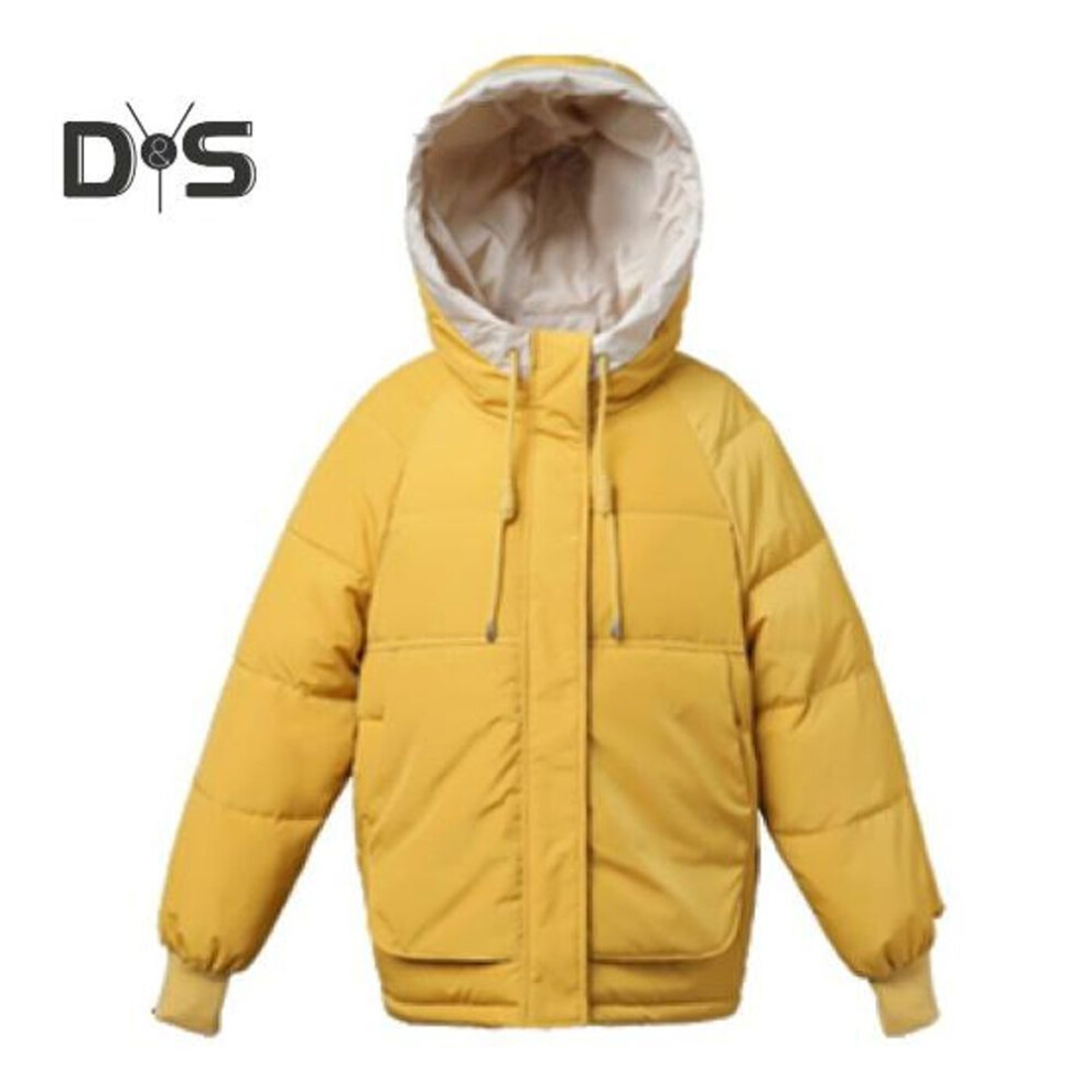 (yellow, M) Women Cotton Padded Coat Hooded Drawstring Long Sleeve Solid Color Jacket Coat with Big Pockets Loose Fit Zipper Placket Quilted Outwear