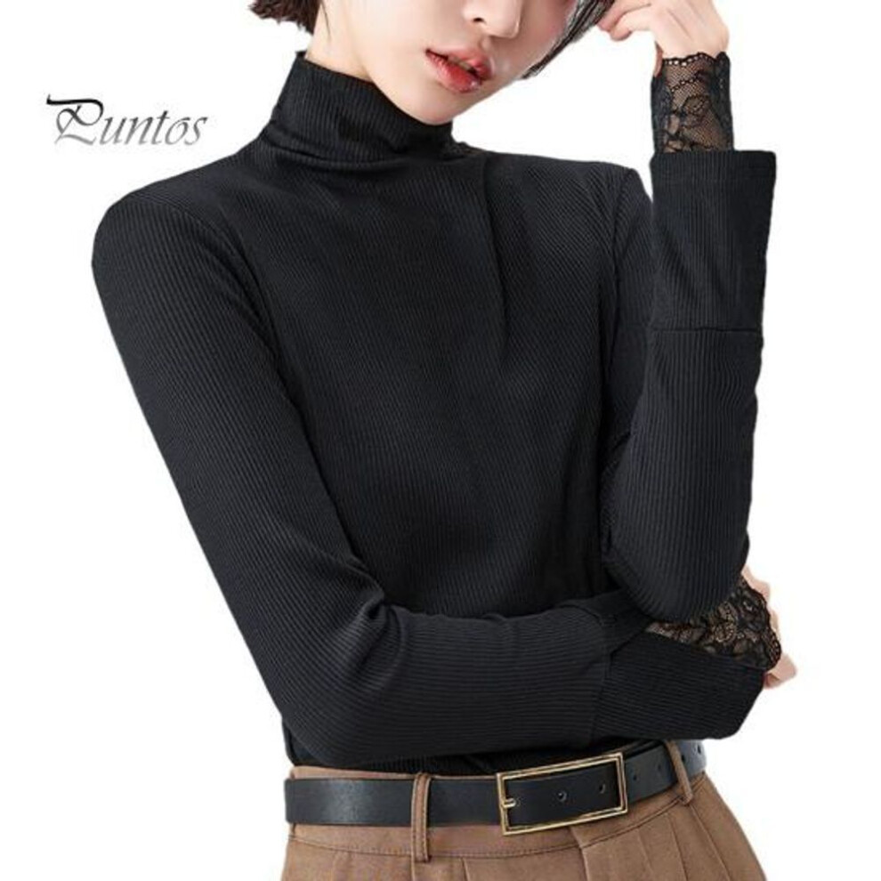 (M, black) Women Bottoming Tops Slim Fit High Collar Long Sleeve Shirt with Slit Lace Cuffs Solid Color Jumper Tops