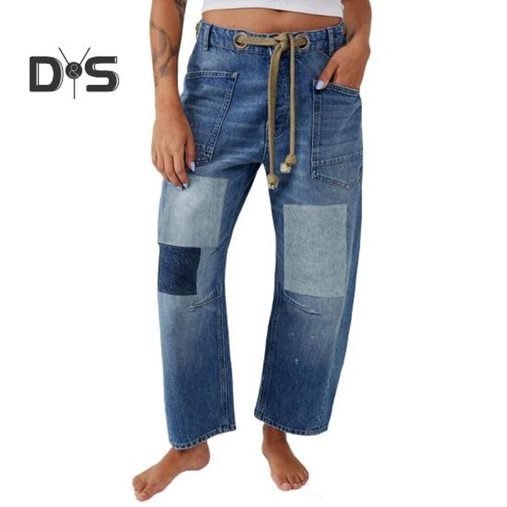 (blue, XL) Women's Wide Leg Barrel Jeans Low Rise Drawstring Denim Ankle Pants Elastic Waist Stretchy Baggy Boyfriend Trouser
