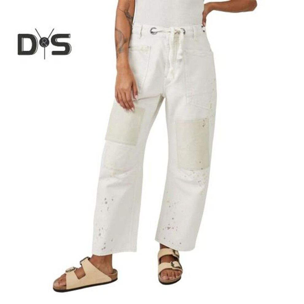 (white, M) Women's Wide Leg Barrel Jeans Low Rise Drawstring Denim Ankle Pants Elastic Waist Stretchy Baggy Boyfriend Trouser