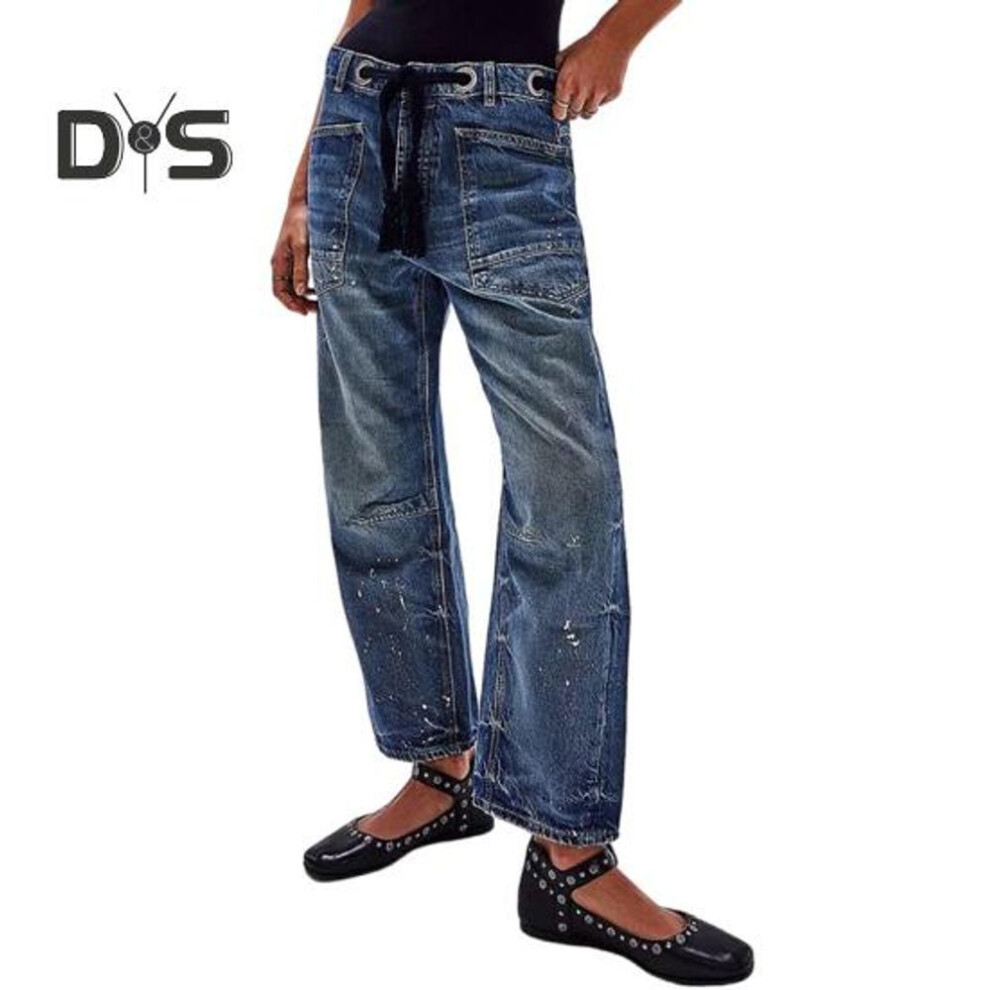 (dark blue, XL) Women's Wide Leg Barrel Jeans Low Rise Drawstring Denim Ankle Pants Elastic Waist Stretchy Baggy Boyfriend Trouser