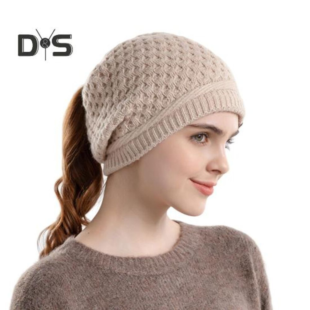 (beige) Women Hat Knitted Thick With Ponytail Hole Solid Color Keep Warm Beanie Elastic Ear Protection Outdoor Camping Travel Skating Headwear