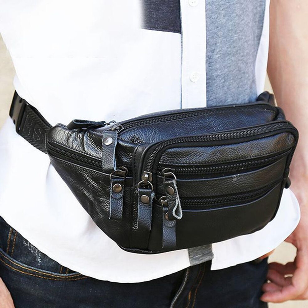 (A black) Large Capacity Waterproof Real Genuine Leather Men'S Waist Bag Cowhide Zipper Site Workers Travel Leisure Phone Bag