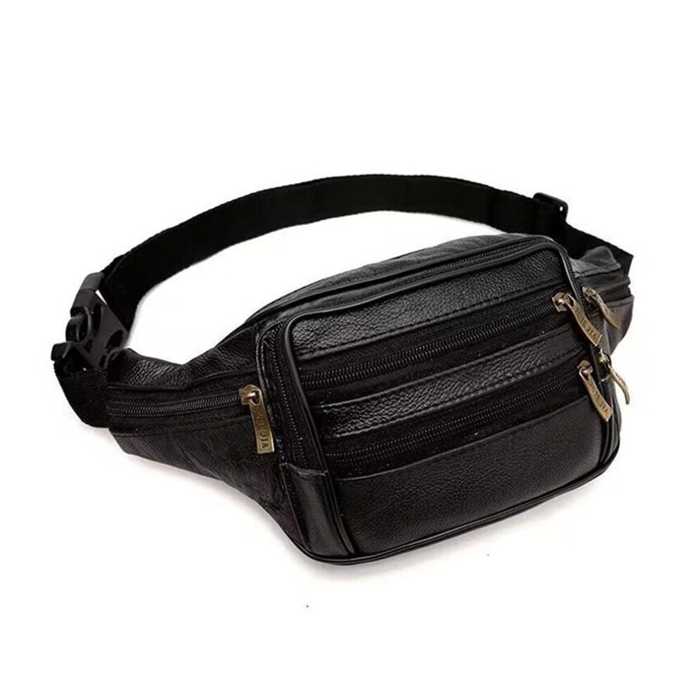 (B black) Large Capacity Waterproof Real Genuine Leather Men'S Waist Bag Cowhide Zipper Site Workers Travel Leisure Phone Bag