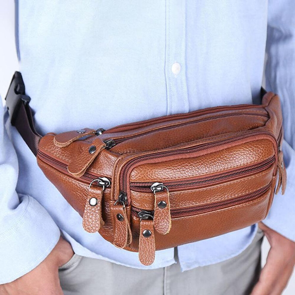 (A brown) Large Capacity Waterproof Real Genuine Leather Men's Waist Bag Cowhide Zipper Site Workers Travel Leisure Phone Bag