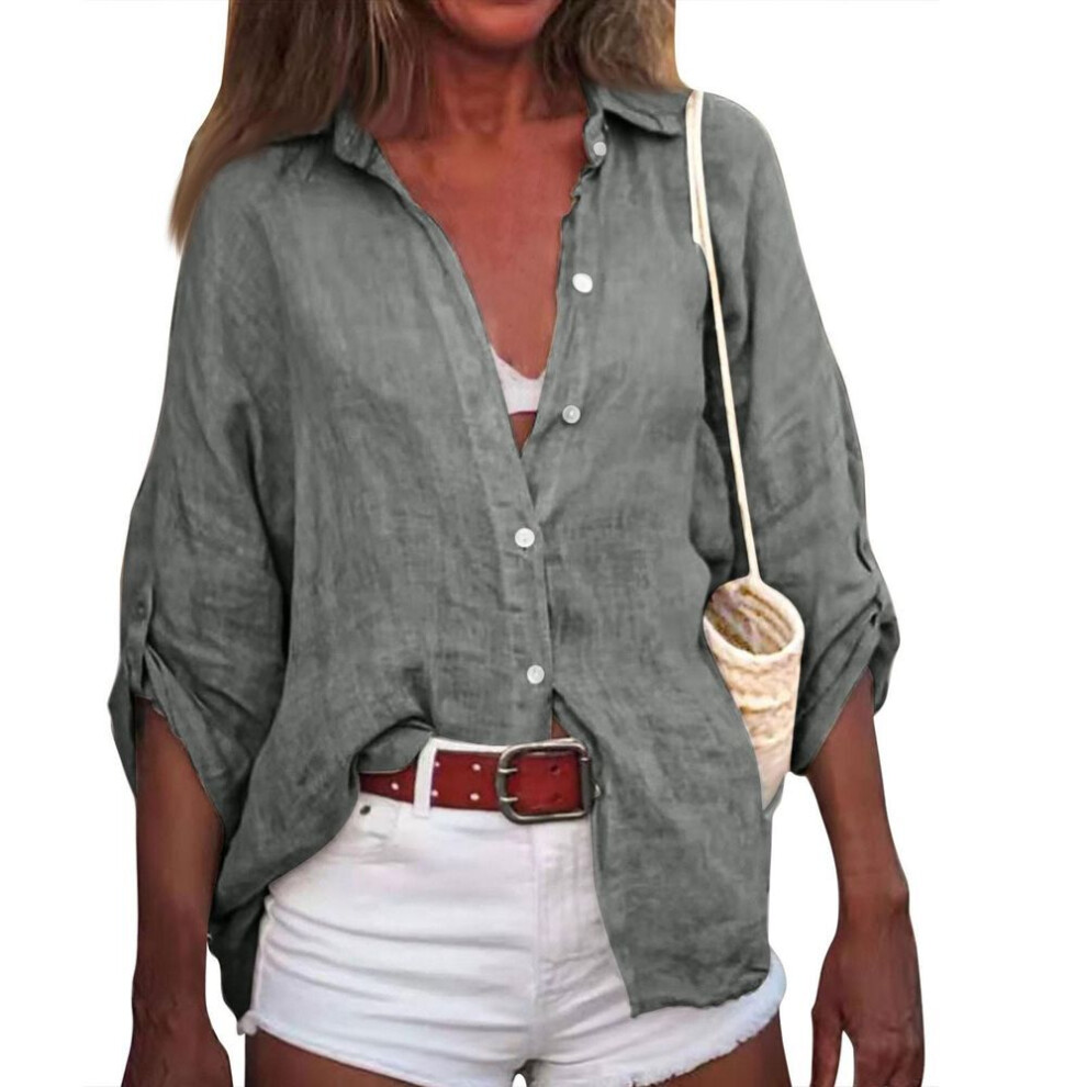 (S, as the picture) Women's Summer Cotton  Linen Solid Color Seven-Point Sleeve Shirt V-Neck Loose Shirt