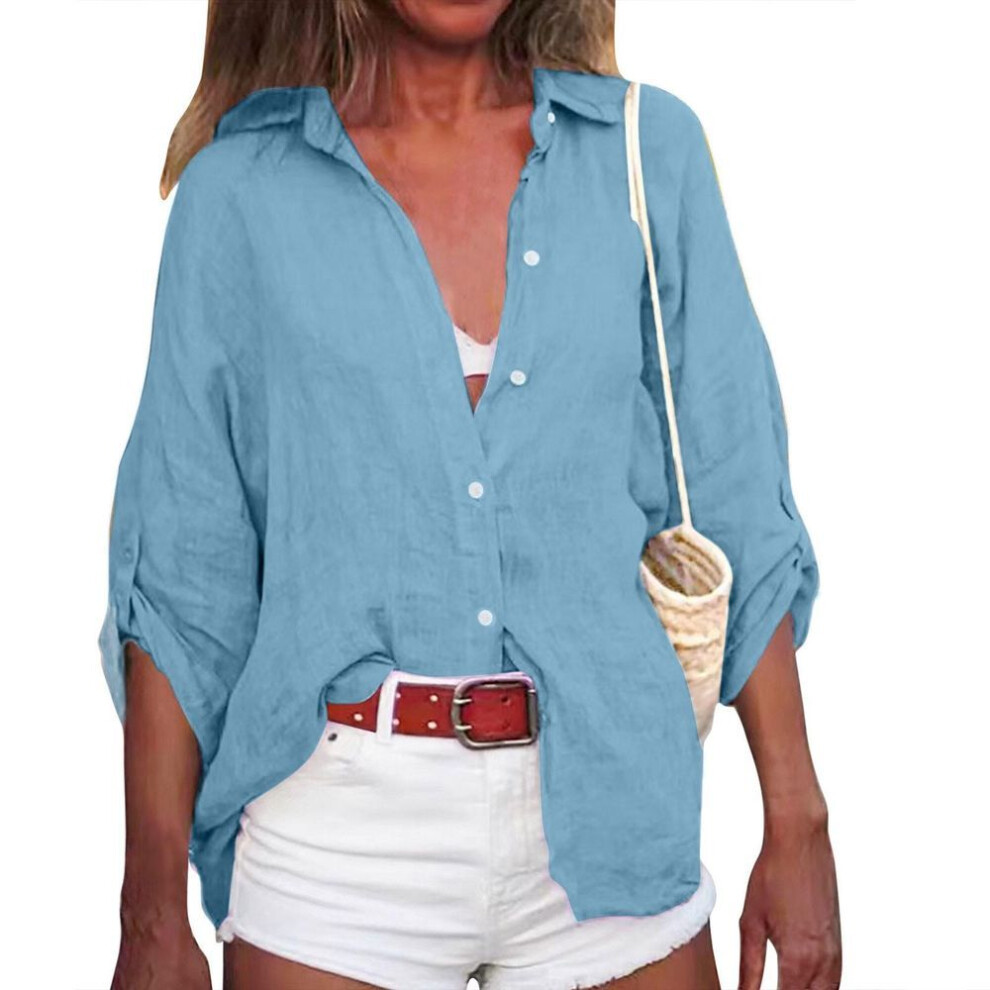 (S, light blue) Women's Summer Cotton  Linen Solid Color Seven-Point Sleeve Shirt V-Neck Loose Shirt