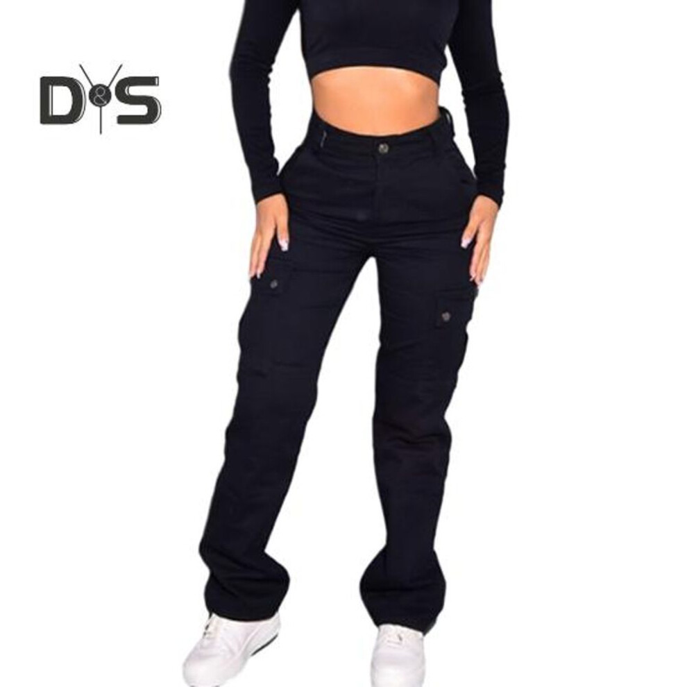 (black, M) Women Cargo Pants Multi Pockets High Waist Solid Color Soft Butt lifted Breathable Button Zipper Closure Streetwear Lady Long Trousers