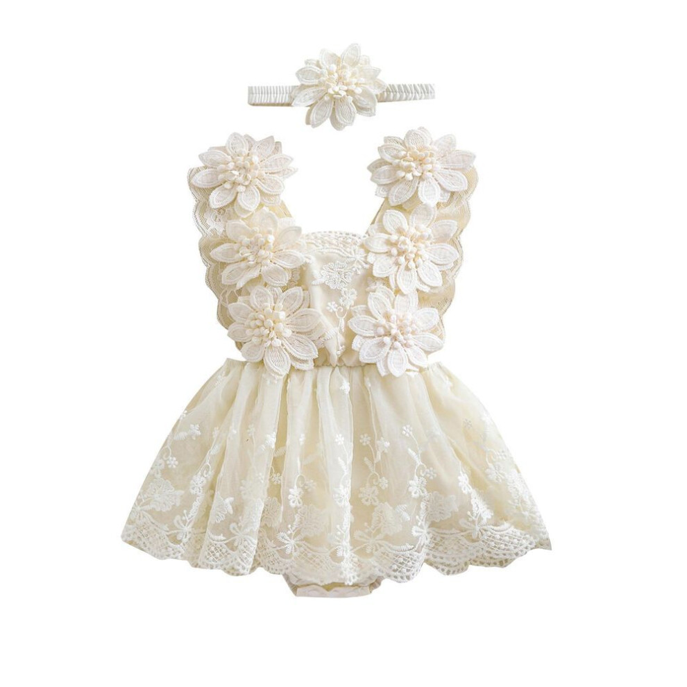(khaki, 3-6 Months) Baby Girl Summer Outfit, Flower Embroidery Tie-Up Mesh Romper Dress Bow Headband 2 Piece Set