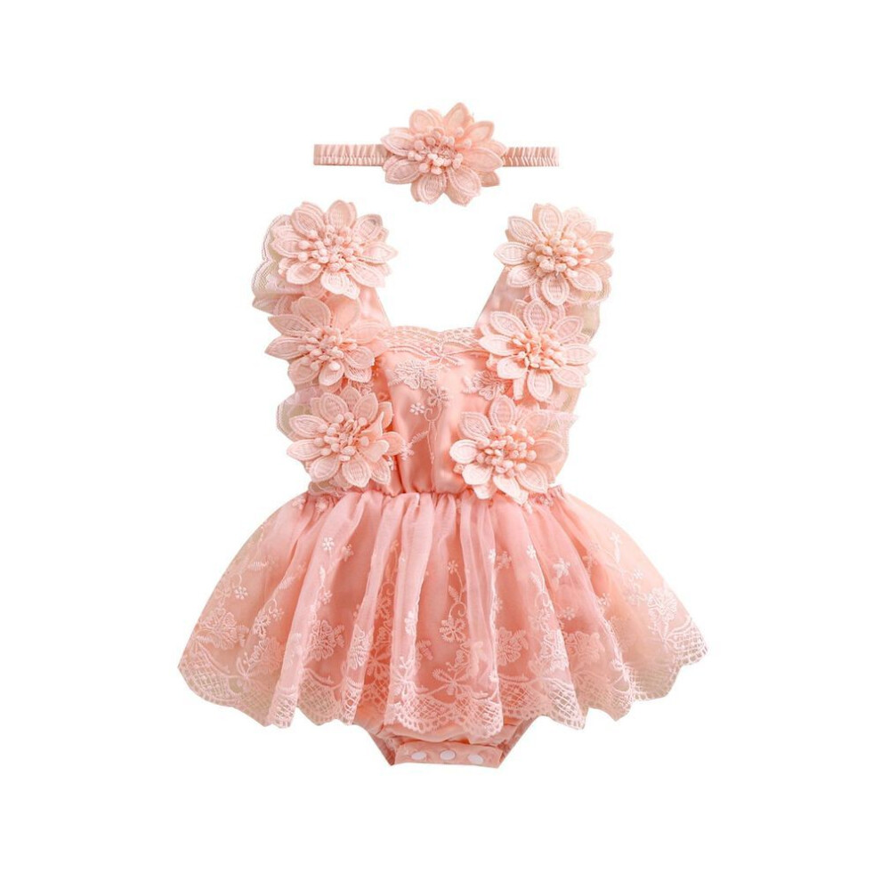 (pink, 18-24 Months) Baby Girl Summer Outfit, Flower Embroidery Tie-Up Mesh Romper Dress Bow Headband 2 Piece Set