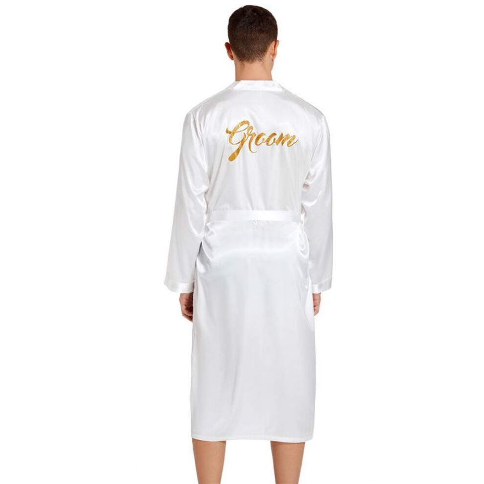 (S (57.5-65kg), white) Men's Gold-stamped Groom Wedding Robe - Long Cardigan For Spring And Autumn