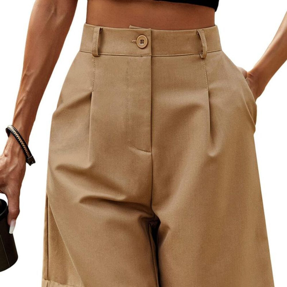 (antique brass, 2XL) Summer Women Shorts Elastic High Waist Loose Side Pockets Straight Above Knee Length Soft Solid Color Breathable Daily Casual Business Office Shorts