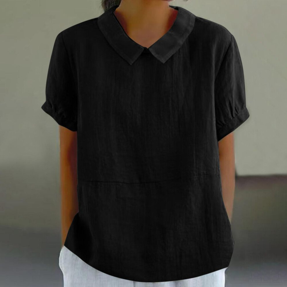 (2XL, black) Solid Color Lapel Pullover Shirt Women Summer Short Sleeve Blouse Female Comfortable Casual Simple Style Tops