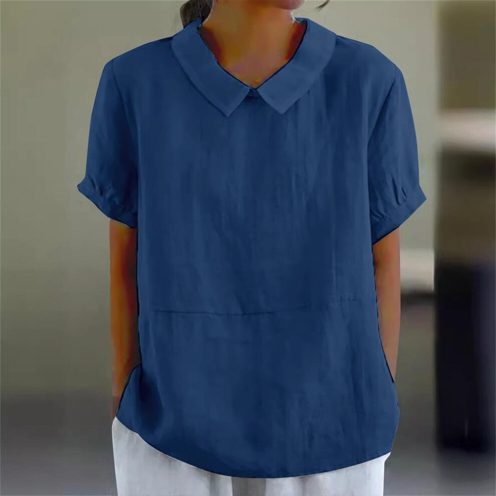 (M, navy) Solid Color Lapel Pullover Shirt Women Summer Short Sleeve Blouse Female Comfortable Casual Simple Style Tops