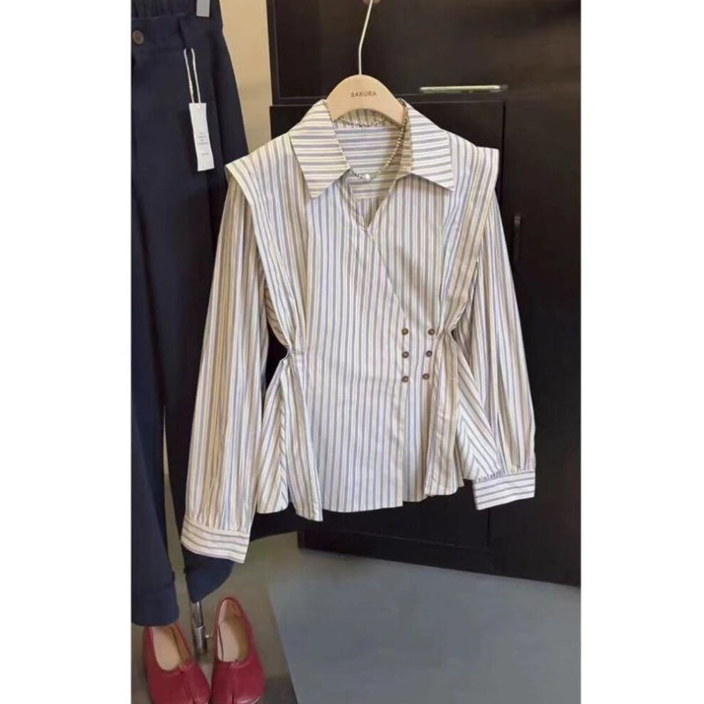 (L, as the picture) Striped Waist Cinched Long Sleeved Women's Shirt Chic Fashionable V-neck Ladies Clothing Korean Style Spring Autumn Top