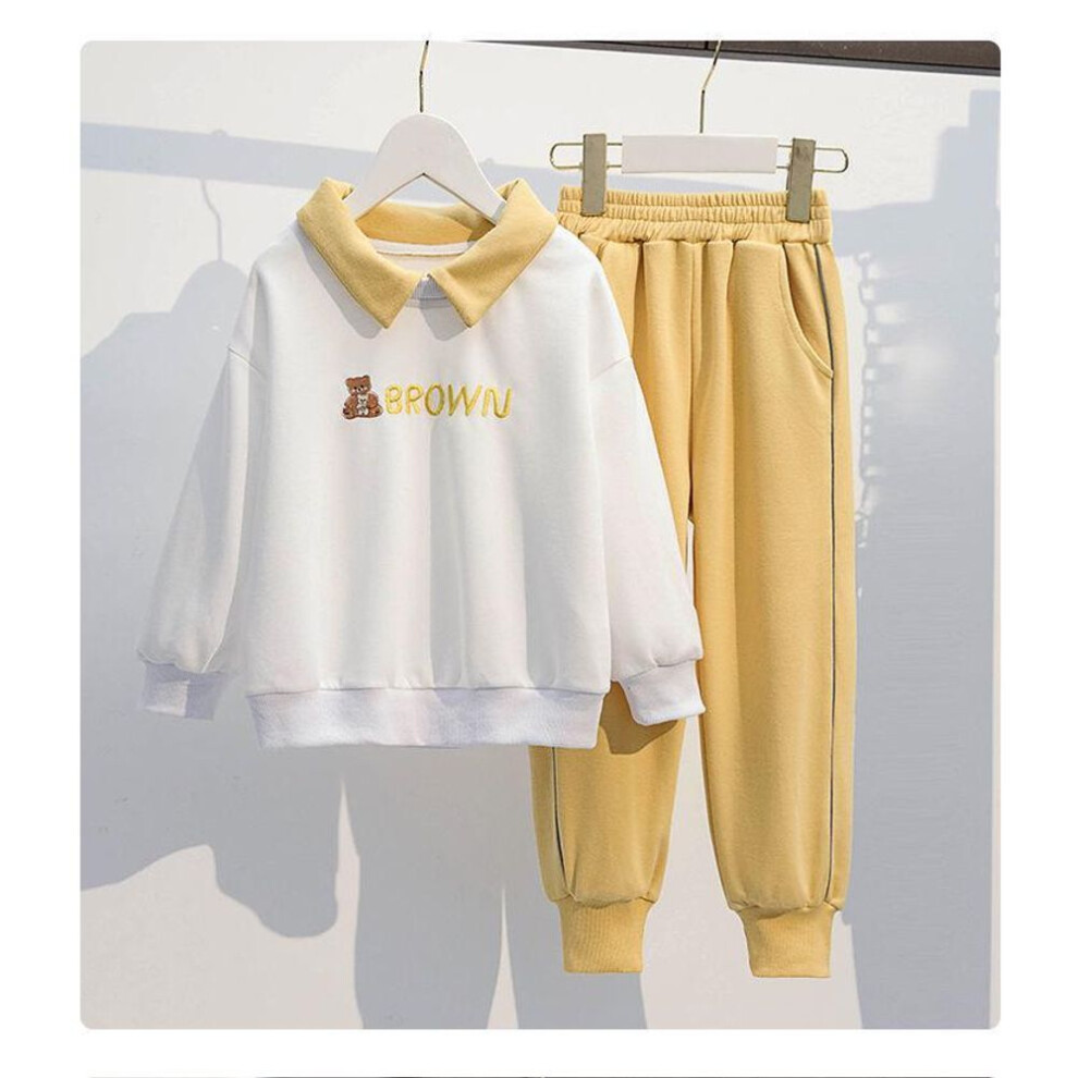 (yellow, 150 cm) Girls' Korean-style Autumn Sportswear: Trendy Sweater And Casual Pants Two-piece Set