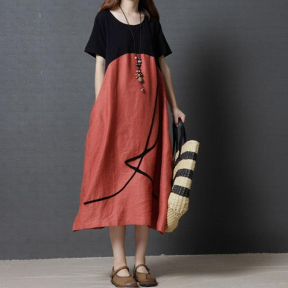 (orange, M) Summer Loose Plus Size Women's Fashionable Cotton Linen Contrasting Round Neck Dress for Women Casual Dresses