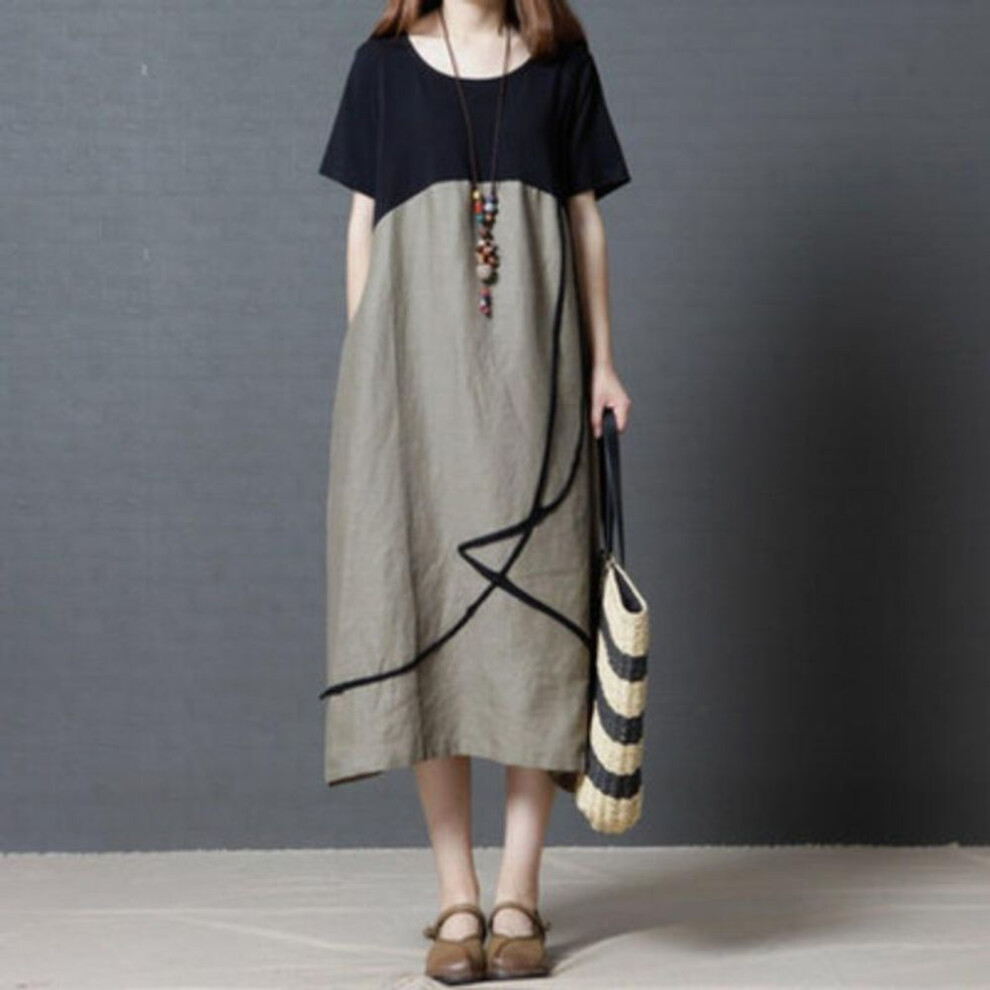 (as the picture, M) Summer Loose Plus Size Women's Fashionable Cotton Linen Contrasting Round Neck Dress for Women Casual Dresses