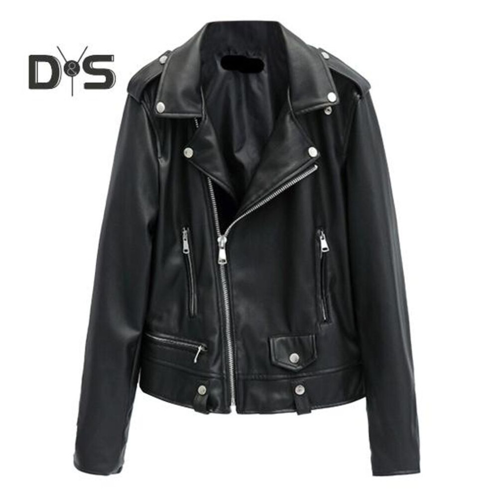(black, M) Women Jacket Faux Leather Smooth Surface Turn-down Collar Zip-up Zipper Decor Long Sleeves Motorcycle Coat Travel Outerwear