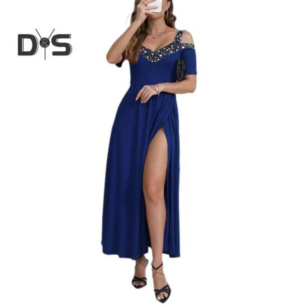 (blue, XL) Women Evening Dress Hollow Out V Neck High Split Sequin Pleated Short Sleeves Plus Size A-line Off Shoulder Ankle Length Prom Party Maxi Dress