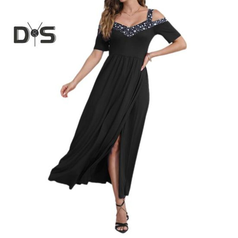 (black, XL) Women Evening Dress Hollow Out V Neck High Split Sequin Pleated Short Sleeves Plus Size A-line Off Shoulder Ankle Length Prom Party Maxi Dress