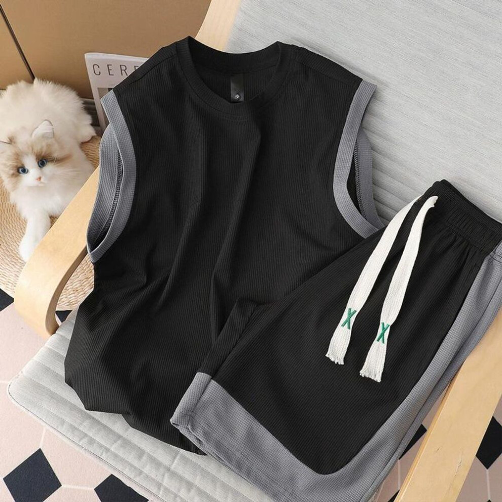 (black, L) Summer Sleeveless Vest + Sports Shorts Set Patchwork Casual Basketball Sportwears Breathable Loose Training Shorts 2 Pcs Suit