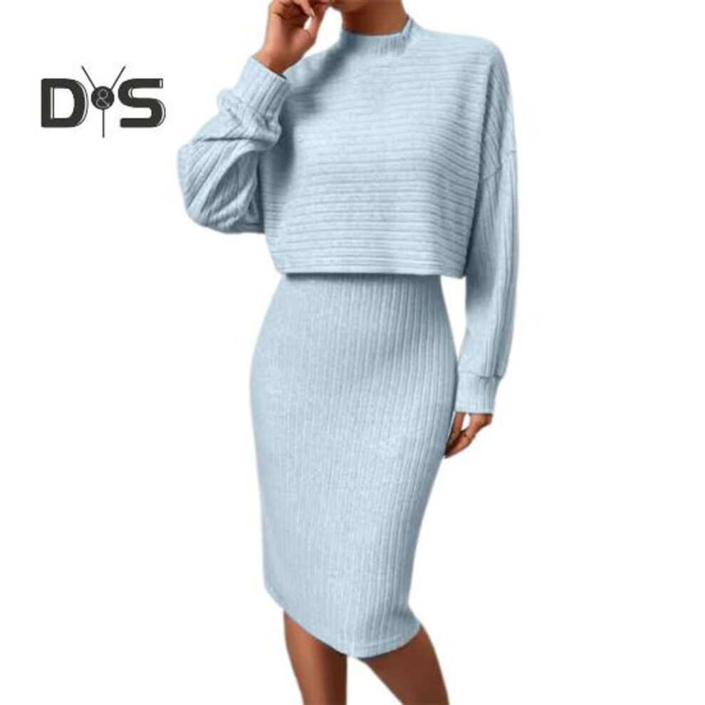 (light blue, M) 2 Pcs/Set Women Top Dress Suit Mock Collar Thread Long Sleeve Sweater V Neck Sheath Slim Fit Sleeveless Solid Color Midi Dress Commuting Dating