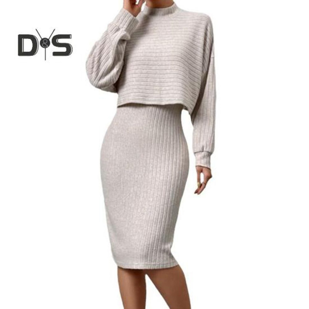 (apricot, M) 2 Pcs/Set Women Top Dress Suit Mock Collar Thread Long Sleeve Sweater V Neck Sheath Slim Fit Sleeveless Solid Color Midi Dress Commuting Dating
