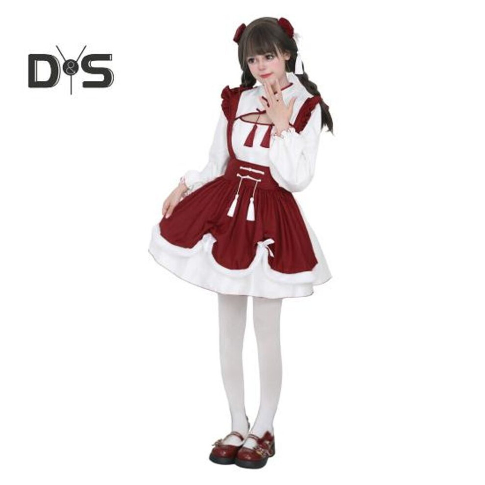 (wine red, S) Cosplay Dress Lolita Maid Style Role Play Dress Hollow Out Shirring Contrast Color Tassel Bow Decor Pleated A-line Mini Dress New Year Party Costume