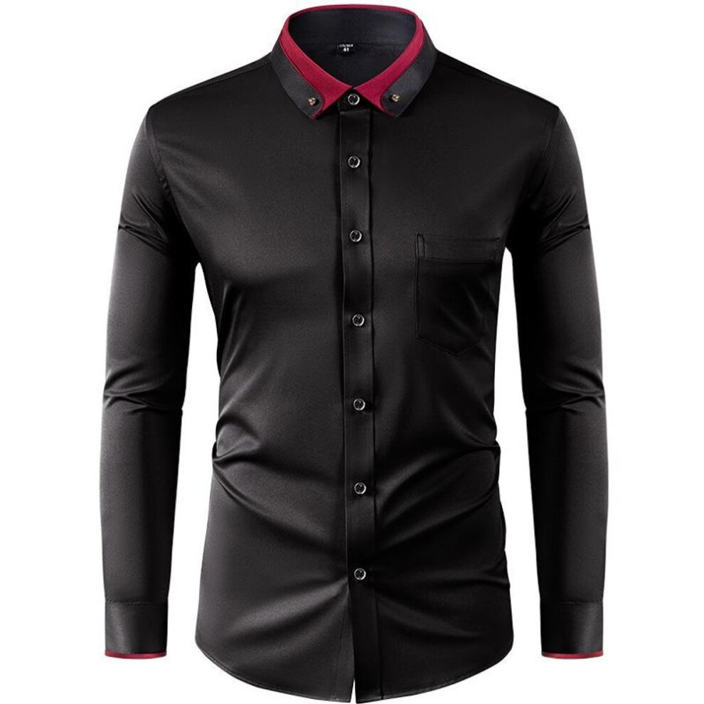 (44, black) Four Sided Elastic Shirt for Men Color Blocked Diamond Button Lapel Shirt Casual No Iron Formal Wear Shirt