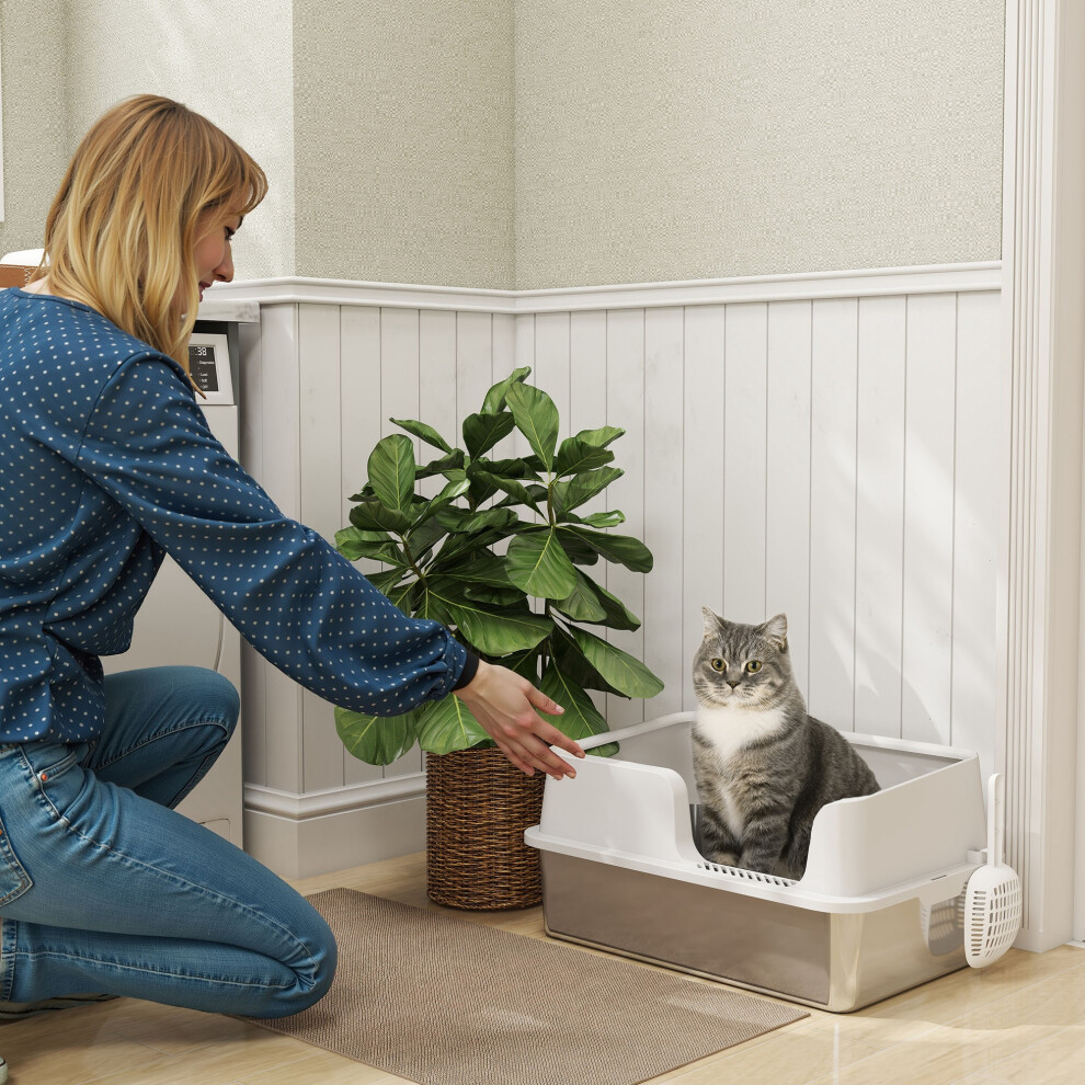 PawHut Stainless Steel Litter Box, High Sided Metal Cat Litter Tray w/ Scoop