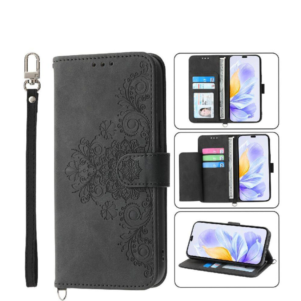 (Black) Flip Case For Honor 400 Multiple Credit Card Slots Shockproof Wristband Embossed Black 764563525737