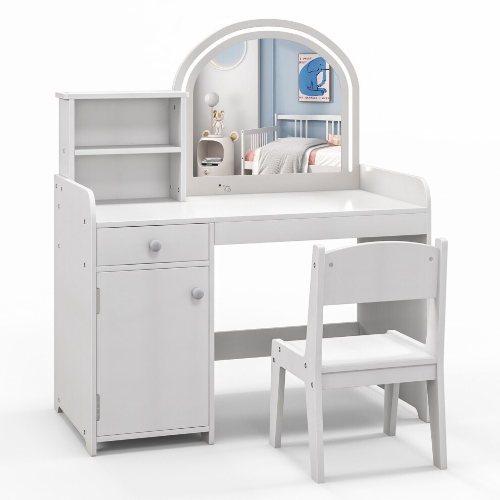 Kids Vanity Table Chair Set Lighted Mirror Storage Drawer Cabinet