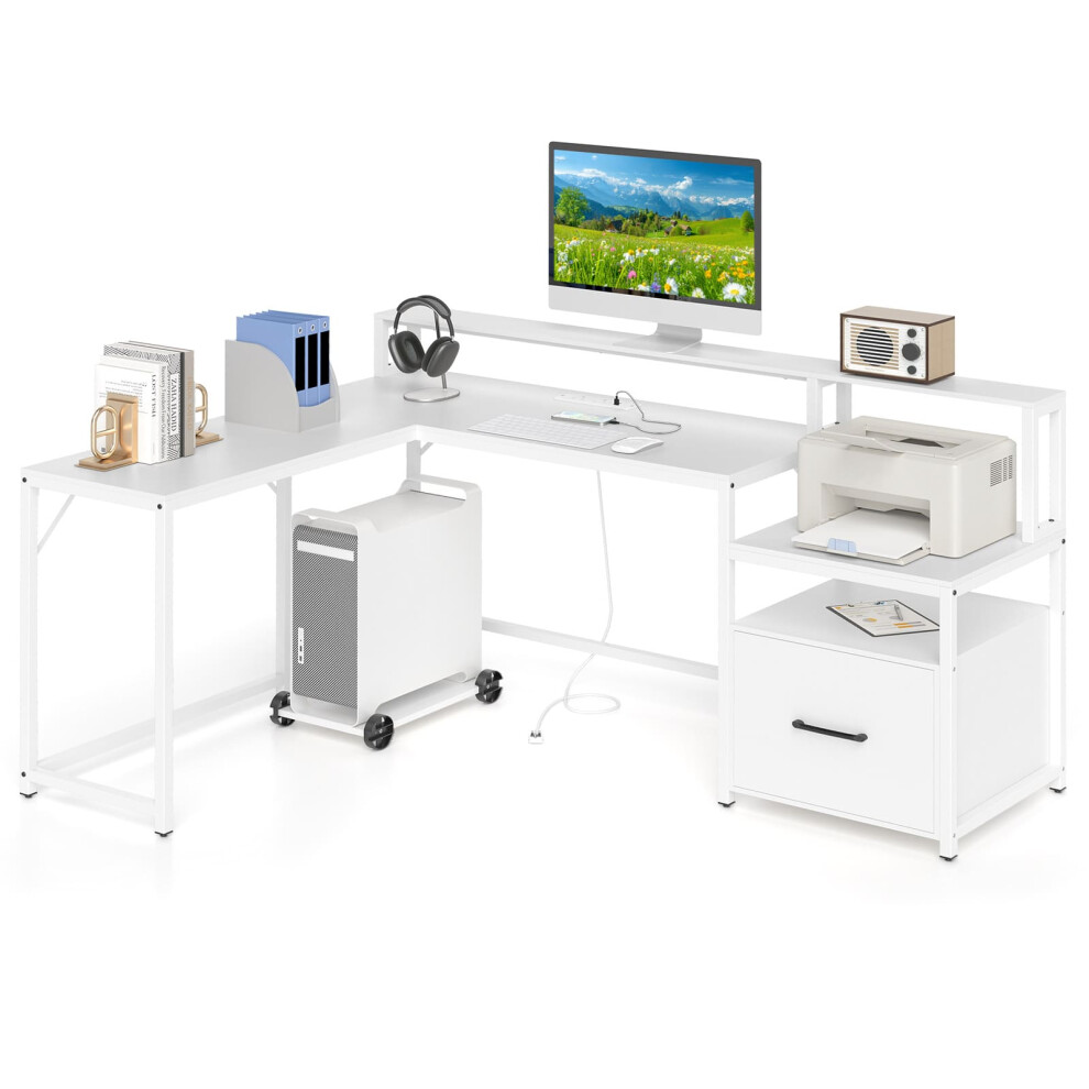 L-shaped Desk Home Office Desk with File Drawer & Power Outlet-White
