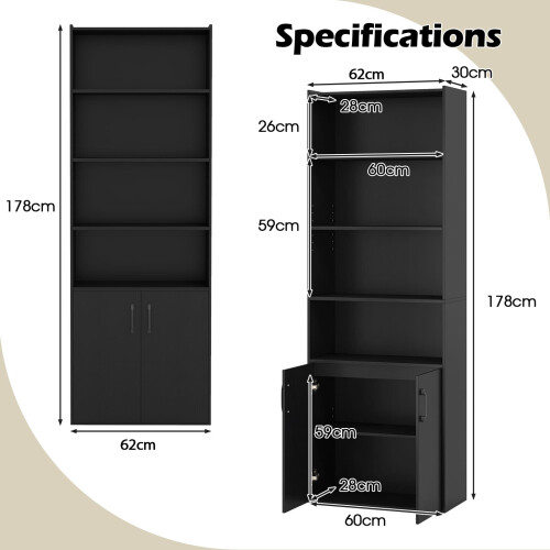 Costway 178cm Bookcase 6-tier Modern Style Storage Cabinet w/Shelves-Black 2