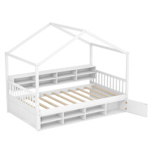 Single Size House Bed Wooden Platform Bed Frame with Roof-White
